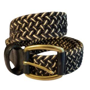 Liz Claiborne Jute & Cotton Black & Tan Braided Belt & Leather Buckle Tip Sz M